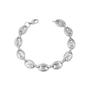Polished silver stainless steel coffee bean link bracelet with secure lobster clasp closure