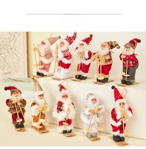 Set of 10 Santa Claus skiing plush figurines with wooden skis for Christmas home decor