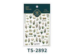Detailed 3D embossed lily of the valley nail stickers in professional retail packaging
