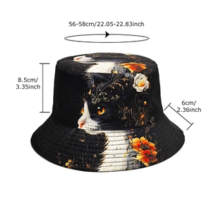 Black cotton bucket hat with cute cat and floral print showing dimensions for women