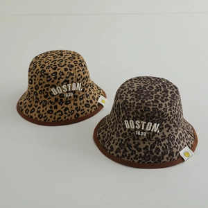 Kids Leopard Print Bucket Hat Cotton Blend Boston Embroidery Sun Protection Wide Brim Outdoor Headwear