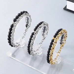 Men Stainless Steel Chain And Black Matte Agate Bead Bracelet Layered Retro Industrial Style Jewelry With Lobster Clasp