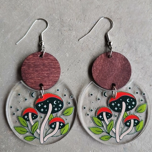 Vintage wooden acrylic mushroom earrings with leaf and star moon pattern for women