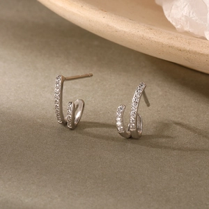 Elegant 925 sterling silver J-shaped earrings with double row zircon stones on stone