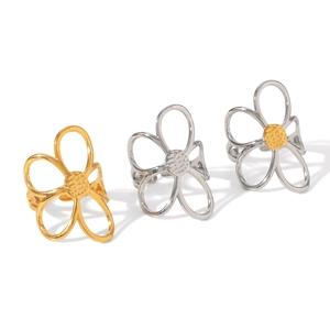 Three minimalist daisy flower stainless steel open rings in gold and silver finish