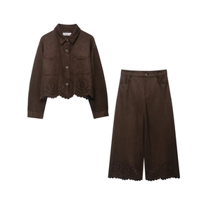 Ensemble Veste Et Pantalon Femme Daim Synthétique Découpe Laser Ourlet Fleuri Vintage Casual Streetwear