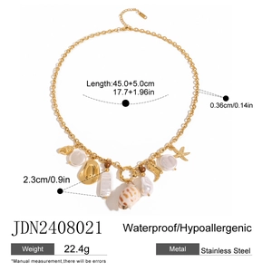 Waterproof stainless steel ocean necklace with shell and pearl charms, 45cm length