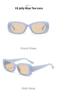 Detail of square sunglasses with jelly blue frames and embossed diamond pattern on temples