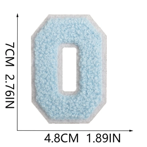 Macro detail of a 7cm light blue chenille letter O patch with dimensions on white background