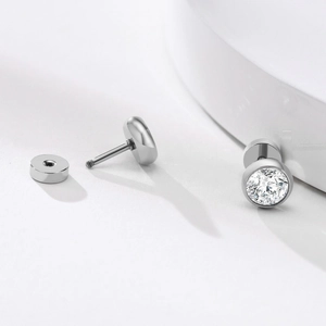 Minimalist silver stainless steel stud earrings with a round zircon and secure screw back