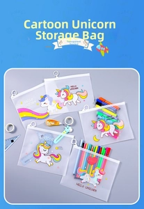 Detail of five translucent unicorn storage bags with ring zippers for stationery organizing
