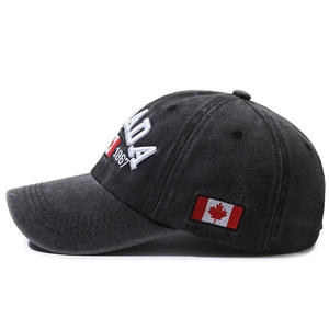 Distressed grey washed cotton baseball cap with Canada 1867 embroidery and flag patch