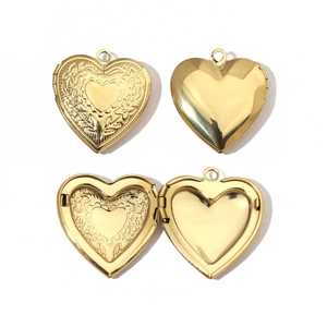 Polished gold heart locket pendant detail showing front pattern and open photo compartment