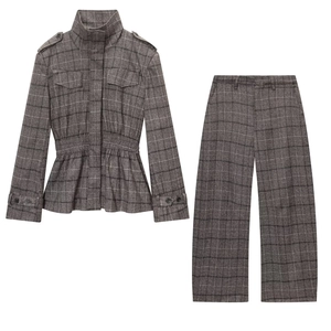 Ensemble Décontracté pour Femmes en Polyester avec Haut à Manches Longues à Carreaux Gris et Pantalon Large à Taille Haute