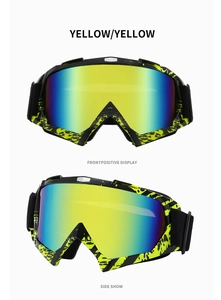 Front and side views of yellow ski goggles with colorful anti-fog lenses and black strap