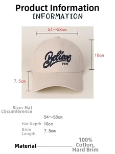 Size chart showing 54-58cm circumference and 100% cotton material for the baseball cap