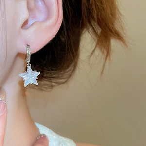 Close-up of elegant star zircon drop hoop earrings worn by a model in warm light