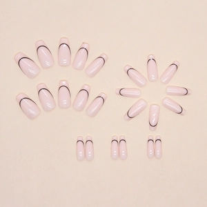 Minimalist long coffin press-on nails with nude base and elegant black curved line art