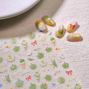 Stickers nail art 3D thème pomme verte avec motifs de fruits variés et petits nœuds