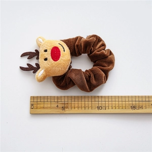 Brown velvet reindeer scrunchie with cute plush antlers and red nose, 8-9cm diameter