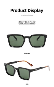 Detail of square black frame sunglasses with green lenses and tortoiseshell temples