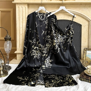 Elegant 2-piece black satin floral pajama set with kimono robe and camisole nightgown