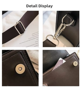 Detail view of brown leather square bag showing strap buckle and magnetic closure