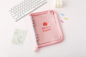 Pink transparent PVC zipper notebook with 6-ring binder and cute honey peach design