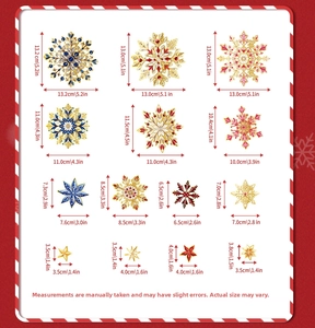 Detailed size guide for 14 blue snowflake and star stickers for Christmas window decor
