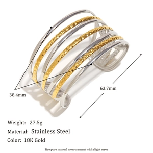 Bracelet manchette ouvert multicouche en acier inoxydable plaqué or 18 carats avec tailles