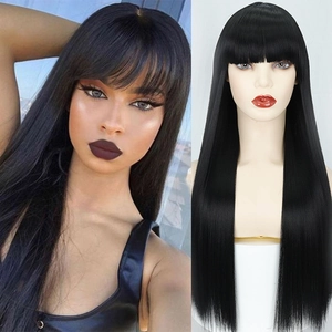 Long straight black synthetic wig with bangs shown on model and mannequin head