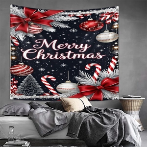 Detail of Christmas wall tapestry featuring Merry Christmas text and festive ornaments