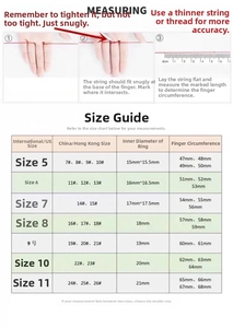Detailed ring size chart with measuring guide and international size conversions