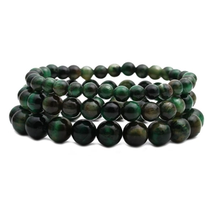 Triple layer stack of natural green tiger eye beaded bracelets with shimmering chatoyancy