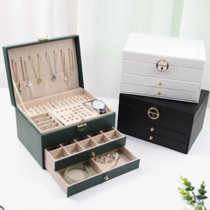 Multi Layer Jewelry Organizer Box PU Leather Quilted Diamond Pattern With Metal Lock Portable Storage Case For Women