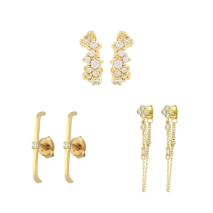 Detailed set of gold-plated zircon earrings including studs and clover tassel designs