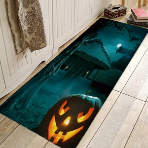 Detailed Halloween runner rug with glowing jack-o-lantern and witch silhouette on floor