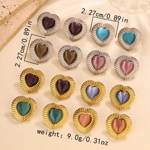 Set of 8 pairs heart-shaped stainless steel earrings with cat-eye stones in assorted colors