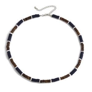 Handmade bohemian coconut shell necklace with blue and brown beads on white background