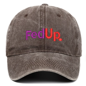Close-up of FedUp embroidery on washed vintage cotton distressed baseball cap