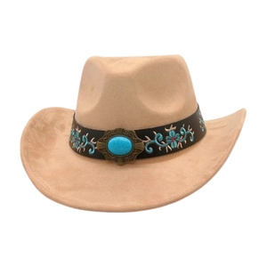 Detail of sand brown cowboy hat featuring turquoise stone and floral embroidery decor