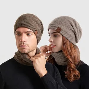 Winter Knitted Beanie Hat And Neck Warmer Fleece Lined Thick Warm Outdoor Windproof Diamond Pattern Unisex Adult