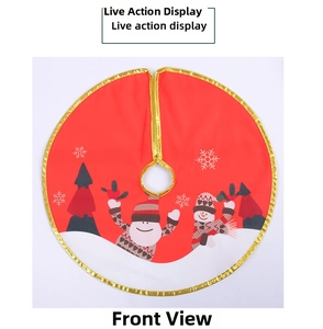 Front view of a red Christmas tree skirt featuring snowman prints and golden trim
