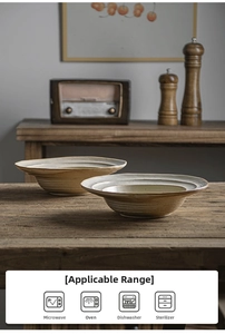 Macro detail of handmade stoneware bowls showing natural texture and appliance icons
