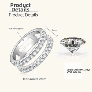 Detailed specs of D-color VVS1 3ex moissanite double row 925 sterling silver ring