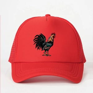 Detailed close-up of a red mesh trucker hat with a colorful rooster print on the front