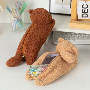 Cute teddy bear plush pencil cases in brown and khaki with soft lamb wool texture