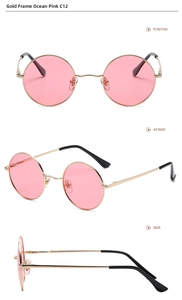 Detailed views of gold metal round retro sunglasses with ocean pink lenses and black tips
