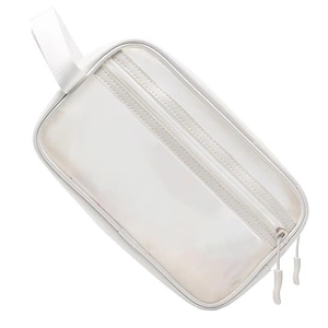 Beauty case in PVC trasparente con ricamo in ciniglia e manico superiore