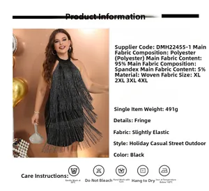 Detailed size chart and fabric info for black tassel halter dress with fringe detail